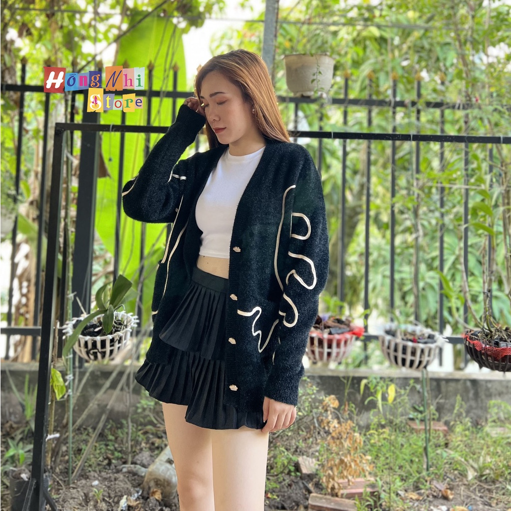 Áo Khoác Cardigan Len Lông Cúc Gài Phối Sọc Dáng Rộng Cao Cấp Ulzzang