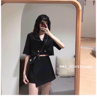 [Ảnh thật/video]Set 2 món gồm blazer và chân váy vạt chéo/ set blazer ngắn màu đen