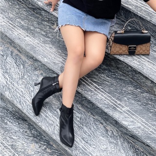 Bốt nữ cổ thấp da thật, Boot nữ cao  gót 6cm giày vnxk - Kimystore