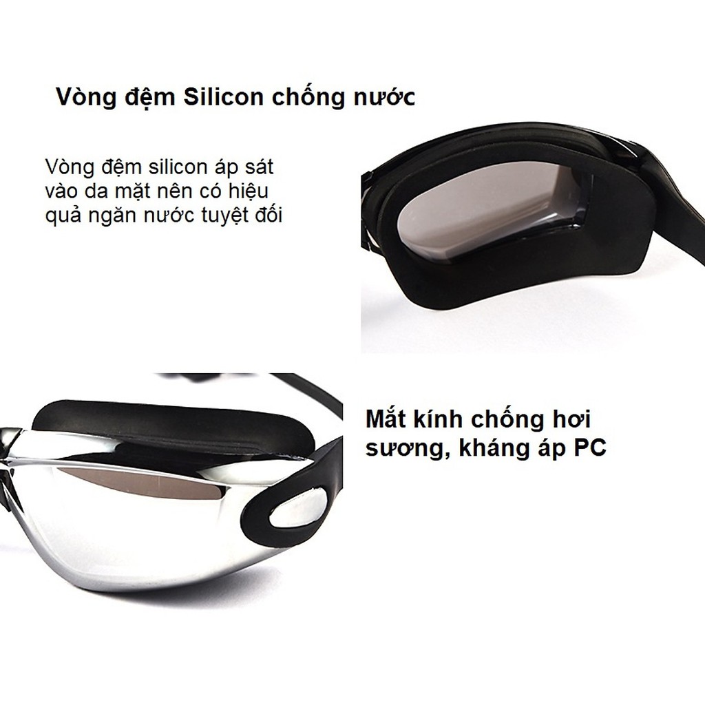 Bộ Kính Bơi Nam Người Lớn Chuyên Nghiệp. Tráng Gương Chống Tia UV, Chống Mờ Chống Nước. Tặng kèm Mũ (Nón) Bơi, Nút Bịt