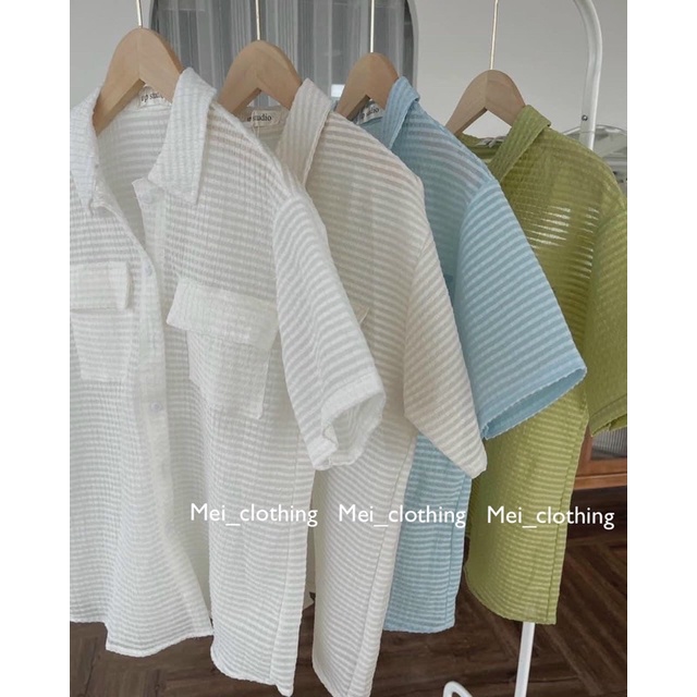 [Ảnh thật/video] Áo sơmi xốp 2 túi ngực kẻ chìm trendy/ sơ mi cộc tay