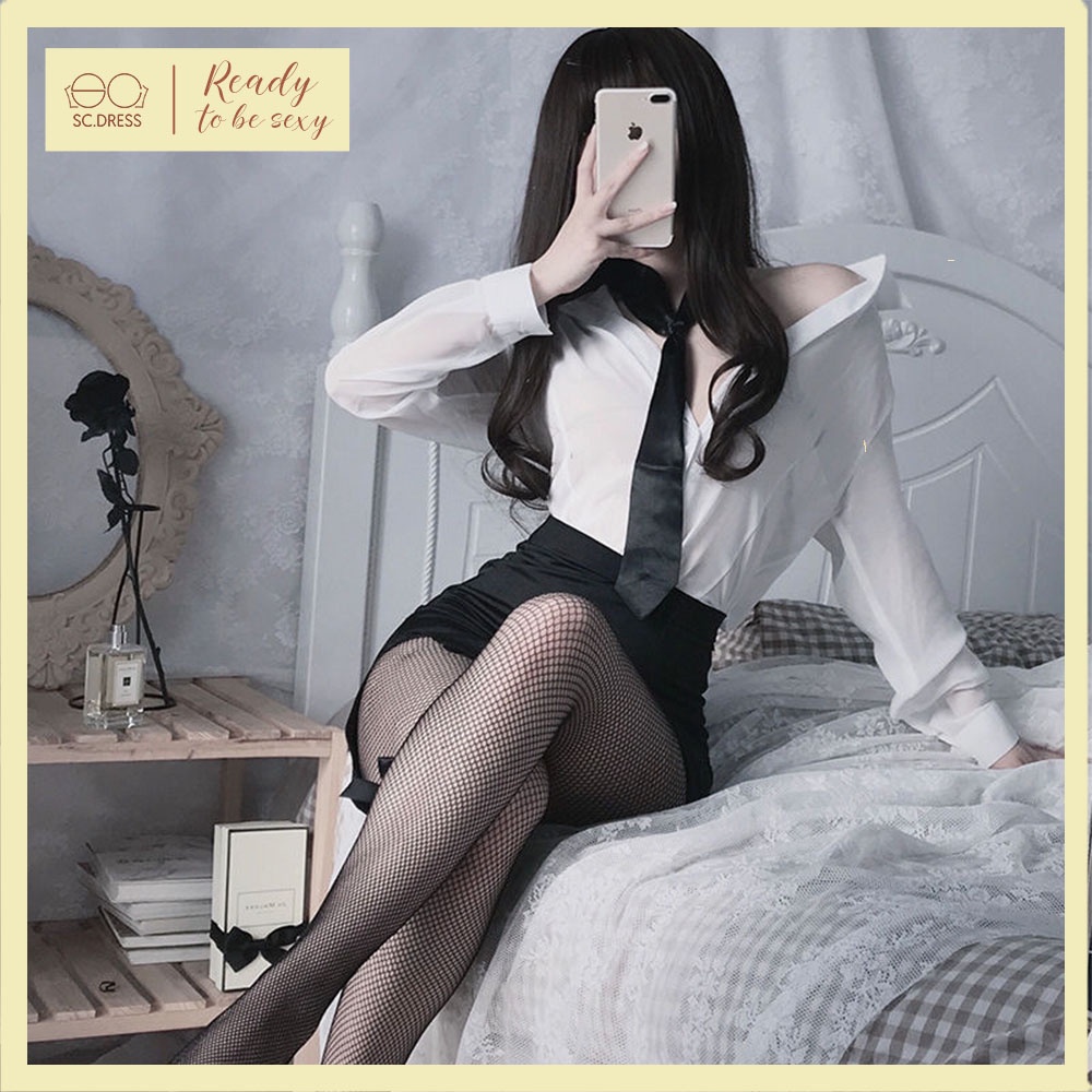 Set áo sơ mi trắng công sở mix chân váy đen chữ A kèm cavat sexy cá tính S00048