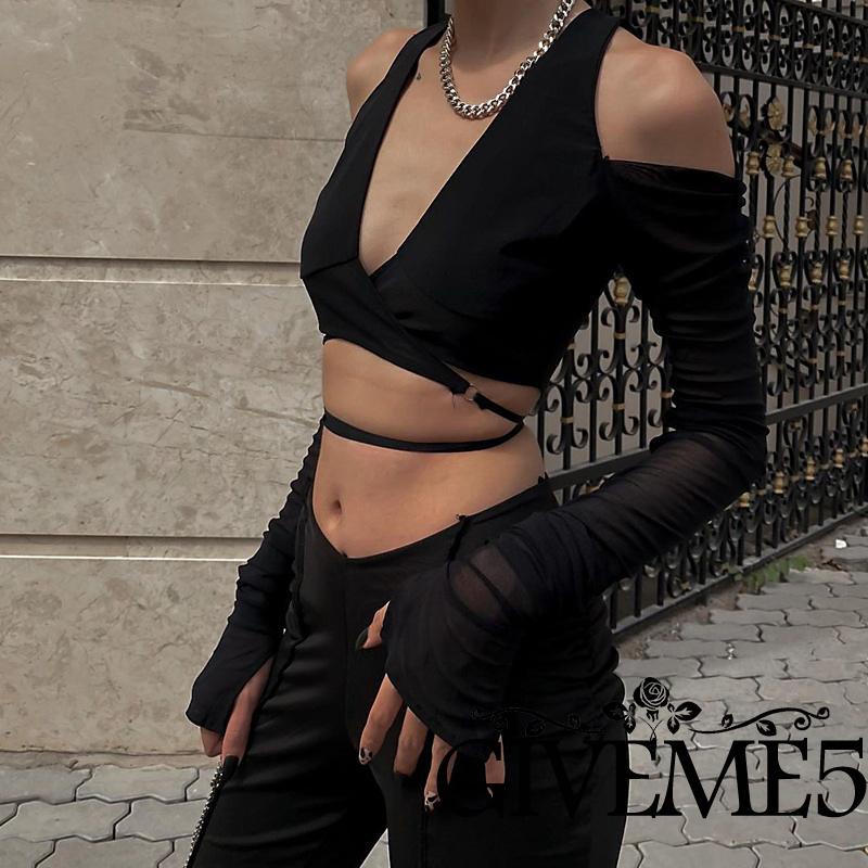 Áo Croptop Tay Dài Cổ Chữ V Màu Sắc Trơn Thiết Kế Đan Dây Chéo Quyến Rũ