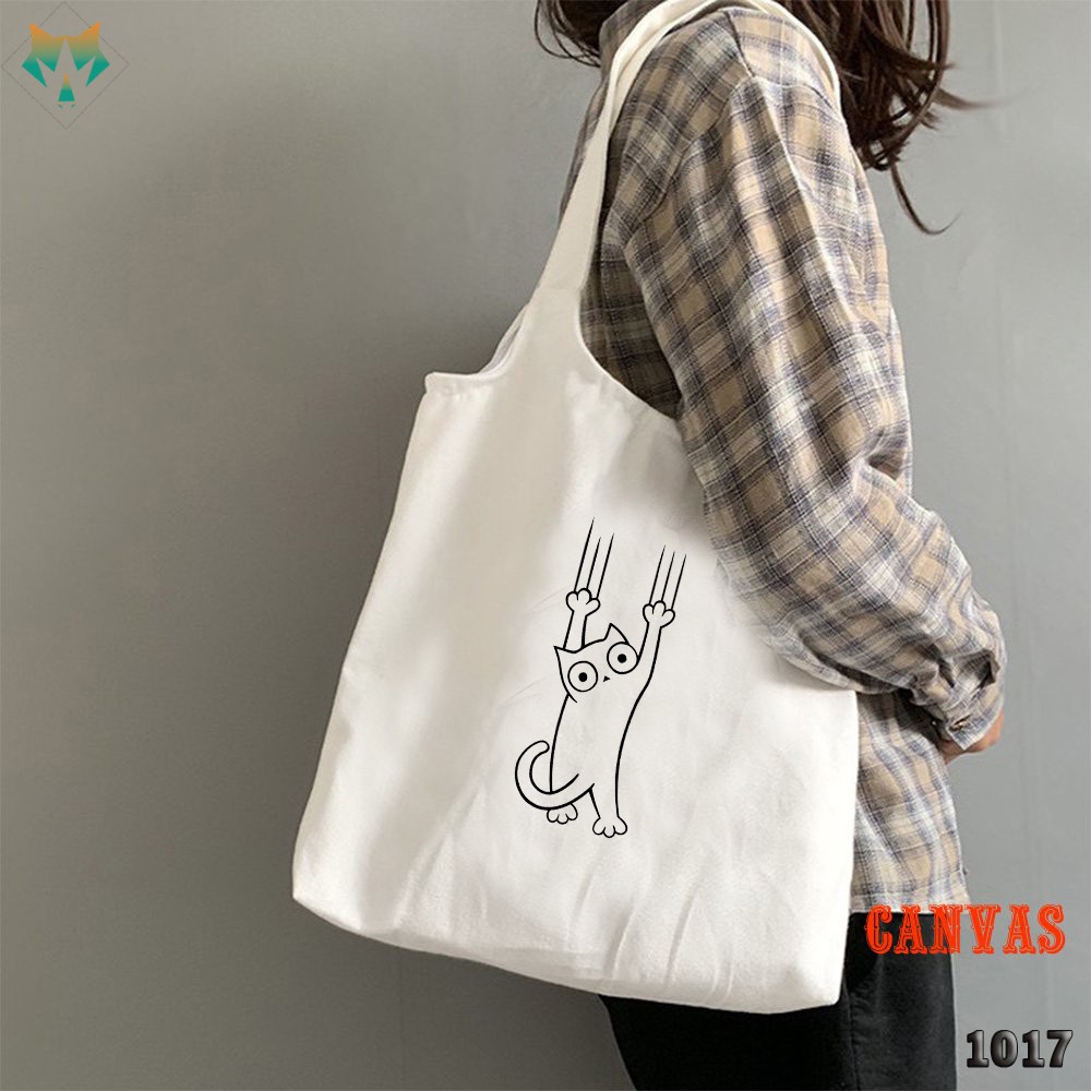 TÚI TOTE TRẮNG CHẤT VẢI CANVAS 1017 480 CAT CÀO XƯỚC DỄ THƯƠNG HÀNG CHUẨN ĐẸP