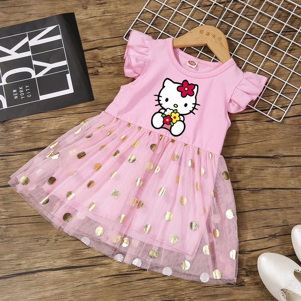 Đầm Công Chúa Phối Lưới In Họa Tiết Mèo kitty Dễ Thương Thời Trang Dự Tiệc Cưới Cho Bé Gái
