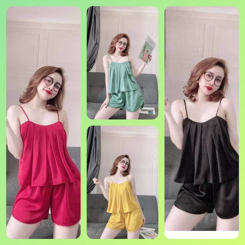 ĐỒ Ngủ Bộ Đùi 2 dây mặc nhà [ảnh+video thật]satin mềm mịn mát