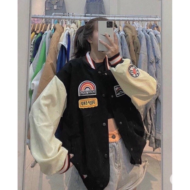 Áo khoác Bomber Nhung Tăm Thêu Cầu Vồng Form Rộng Unisex