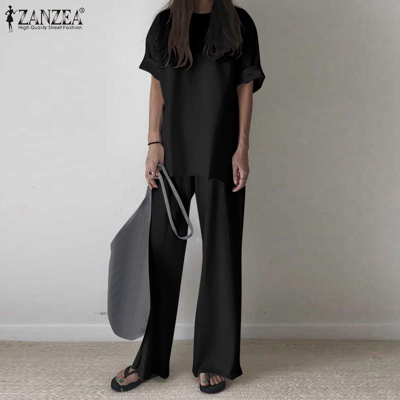 Bộ đồ dáng rộng thường ngày ZANZEA với áo kiểu cổ tròn và quần dài ống rộng eo thun cho nữ