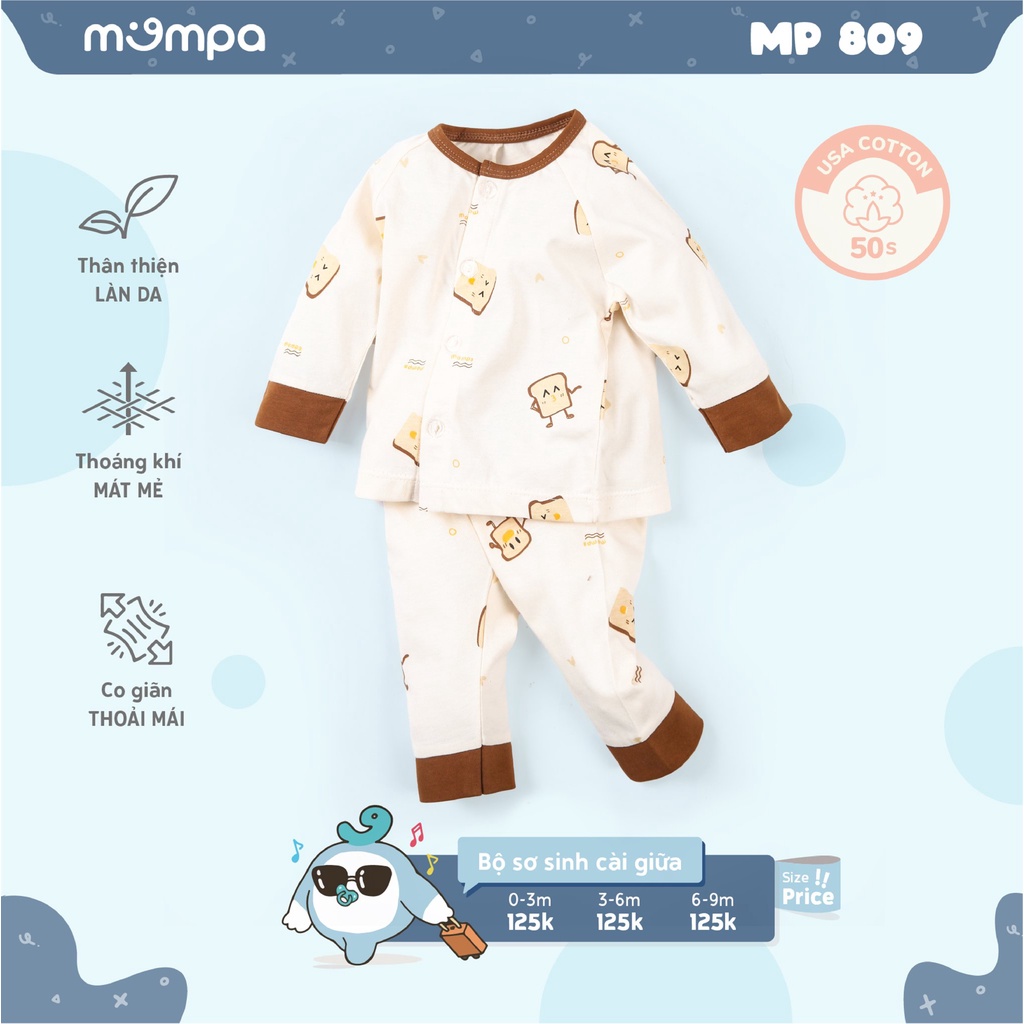 Bộ quần áo trẻ em dài tay Mompa kiểu cài giữa cho cả bé trai và gái MP809 - Chất liệu Cotton USA - Độ tuổi 0-9M