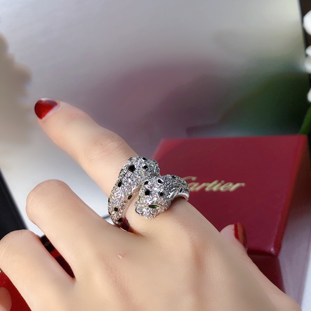 Nhẫn đeo tay kim loại mặt hình đầu báo đính đá thời trang cho nữ