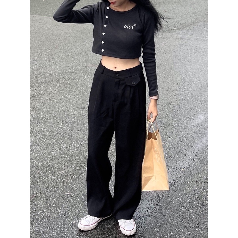 Áo Croptop OIOI Nữ Dài Tay Vải Thun Gân Phong Cách Ulzzang - Yowol SG