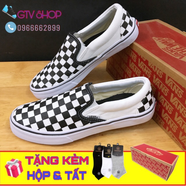 [TẶNG HỘP v TẤT] GIÀY THỂ THAO NAM NỮ V SLIP ON LƯỜI CARO size 36 đến 43. .