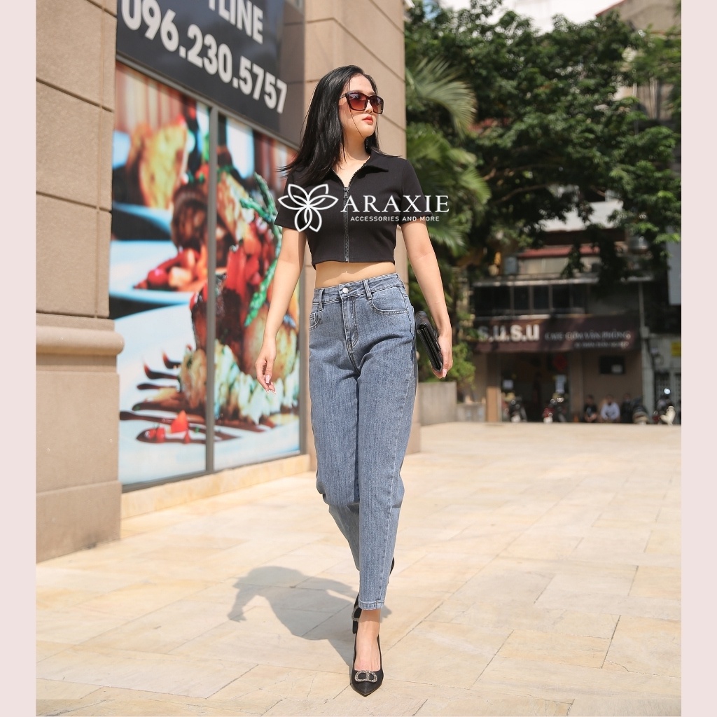 Quần jean baggy nữ Jean Araxie Quần bò baggy nữ cạp cao màu xanh co giãn tốt hack dáng JABG01