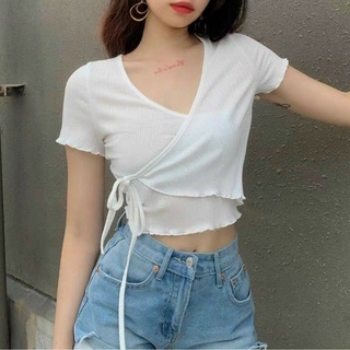 Áo croptop đắp chéo dây eo