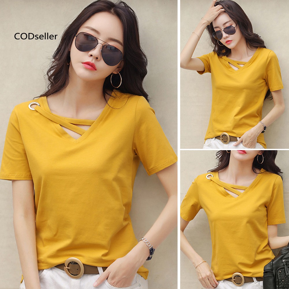 Áo thun cổ V tay ngắn màu trơn thời trang cho nữ