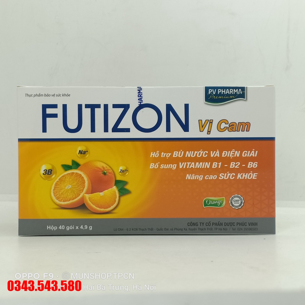 Cốm Futizon vị cam PV Pharma giúp hỗ trợ bù nước, điện giải, các vitamin nhóm B, giảm mệt mỏi
