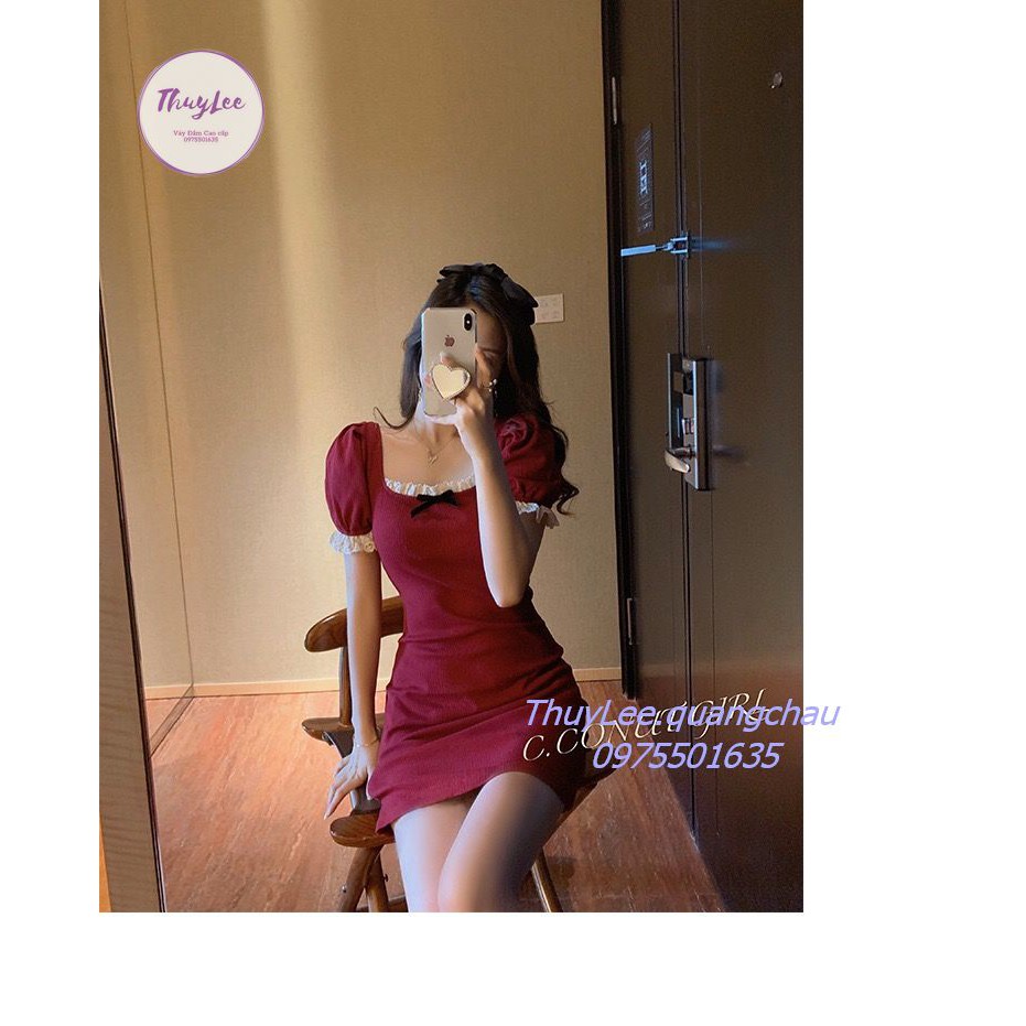Váy ôm body ren nơ cổ vuông phong cách sexy hàng cao cấp