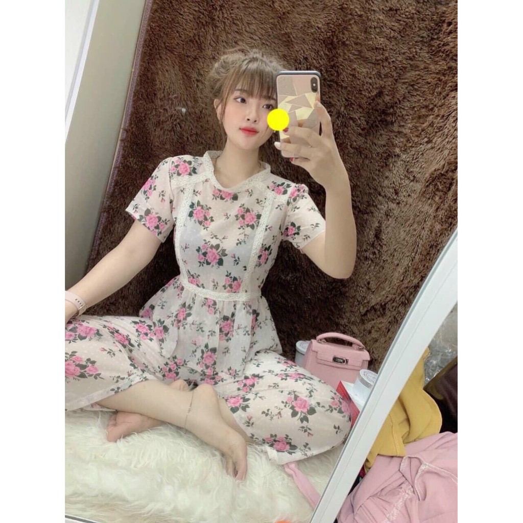 set hoa áo tay ngắn cổ tròn quần ống rộng siêu xinh thời trang mới nhất m534