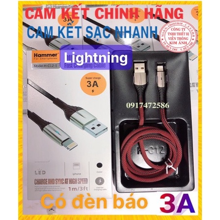 Lightning- Dây sạc nhanh 3A Hiệu Hammer ( H-C12-I ), Chân Lightning, Có đèn báo, Hàng Chính Hãng bảo hành 12 tháng