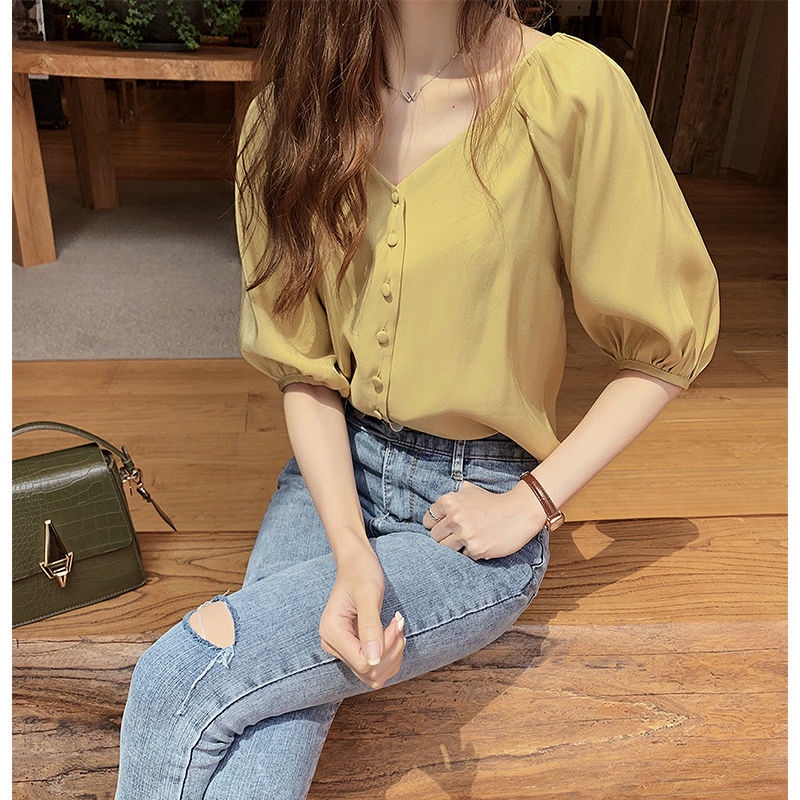Áo Sơ Mi Voan Tay Lửng Cổ V Thời Trang Dành Cho Nữ