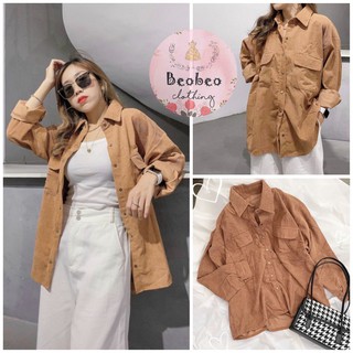 [Ảnh thật] Áo sơ mi oversize nhung gân nâu nút bấm vintage