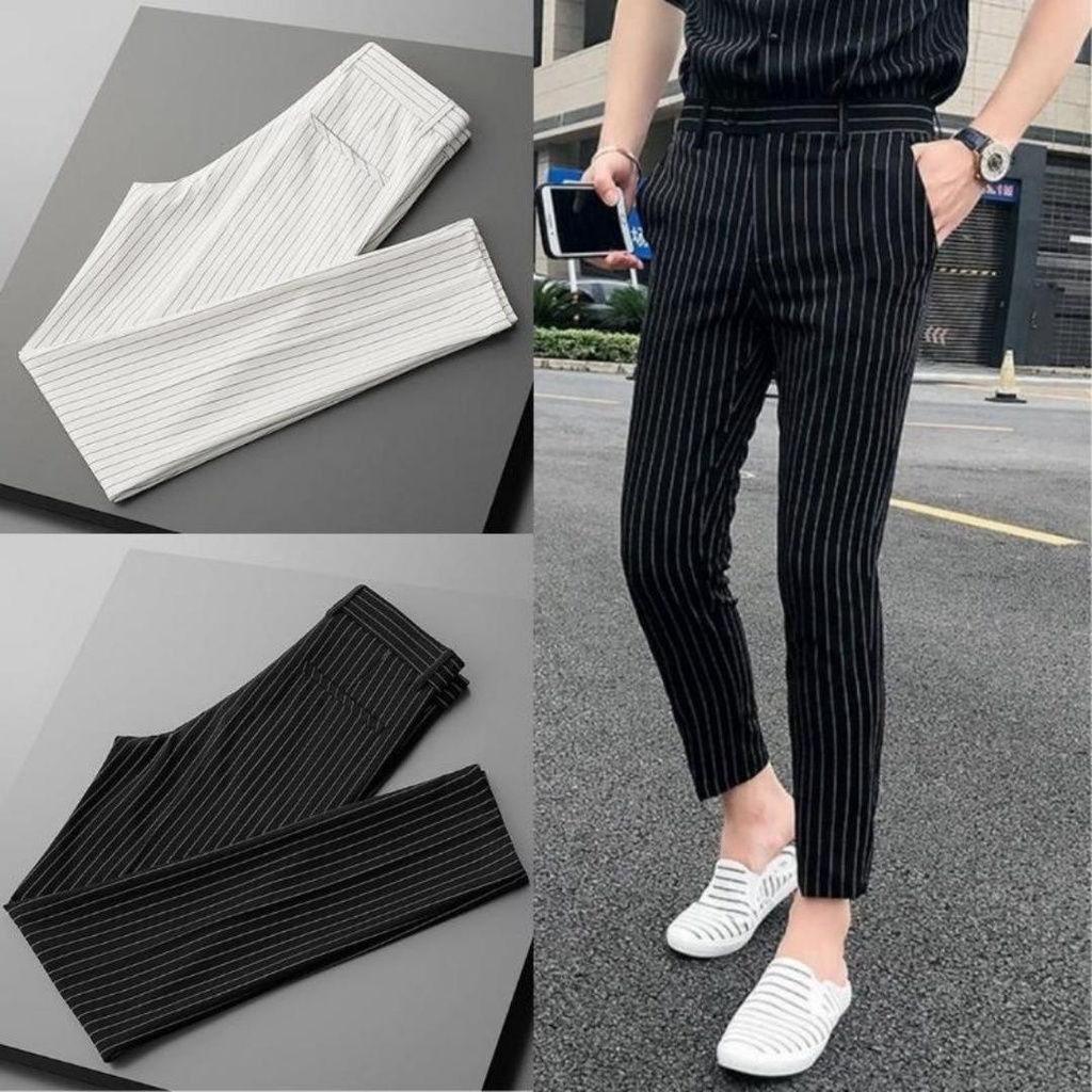 ๑℗Quần âu tây nam sọc kẻ màu trắng - đen công sở kiểu hàn quốc , vải cao cấp ôm body slimfit