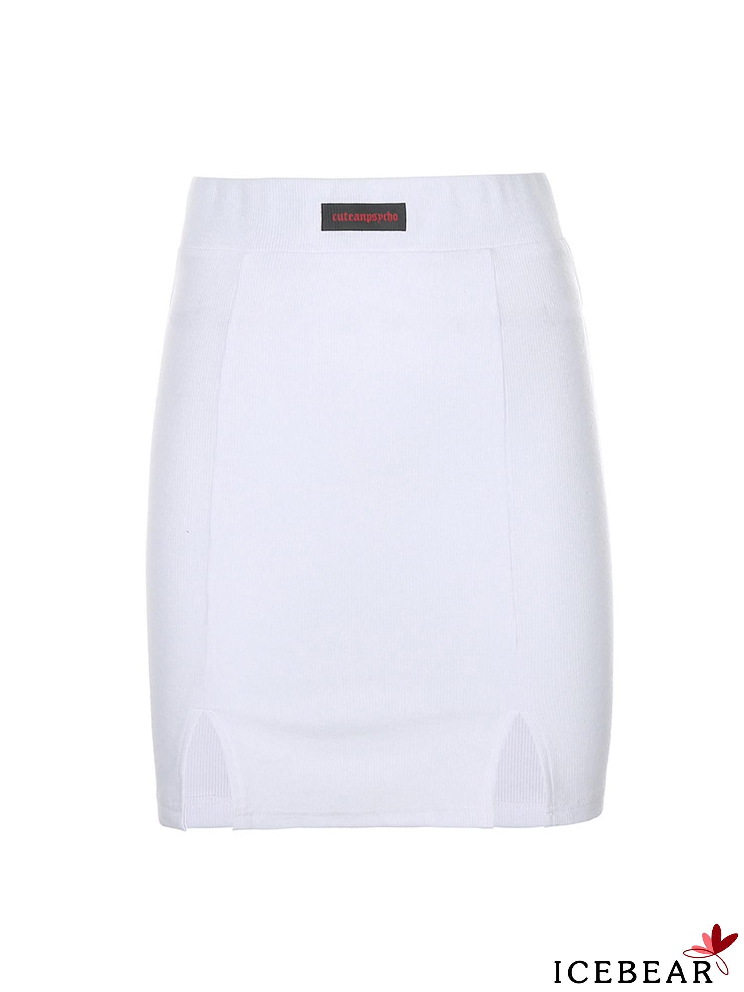 ICE-Women Summer Miniskirt, Letters Print Ribbed High-Waist Slim Short Skirt with Slits for Girls | BigBuy360 - bigbuy360.vn