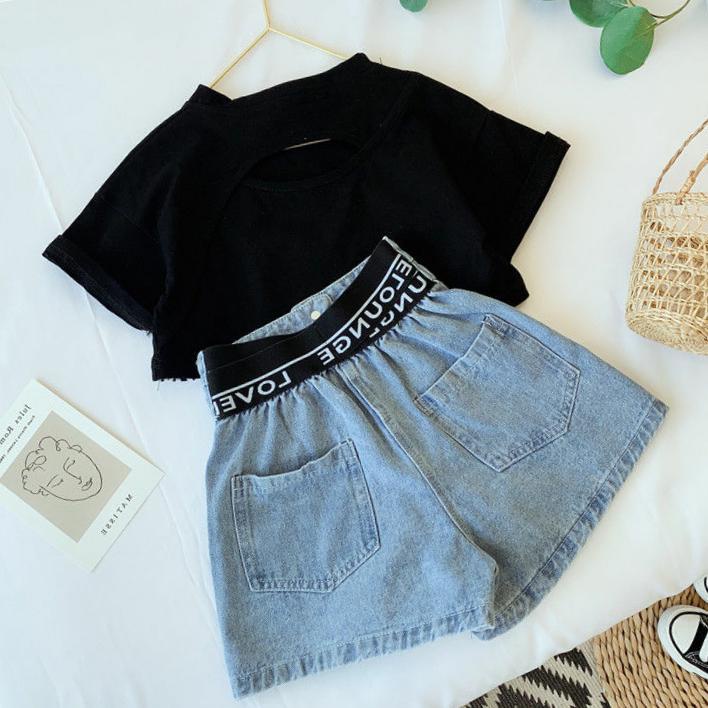 Set Áo Thun Tay Ngắn + Quần short denim Phong Cách Hàn Quốc Cho Bé Gái