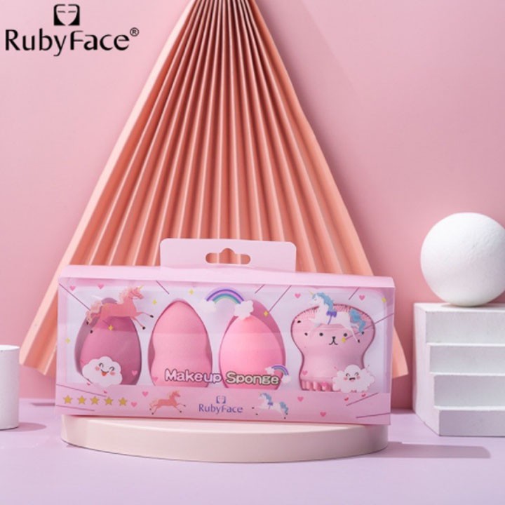 set 4 món gồm 3 bông mút trang điểm kèm bạch tuộc rửa mặt ruby face dễ thương