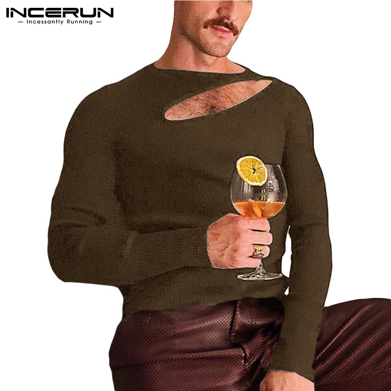 Áo dệt kim INCERUN thời trang nam tay dài ôm dáng khoét lỗ