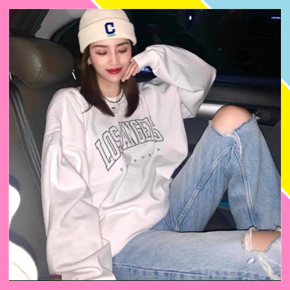 Áo nỉ bông sweater form rộng tay dài nam nữ cổ tròn mặc đôi hàn quốc 2 màu trắng xanh LOS ANGLES Unisex Ulzzang | BigBuy360 - bigbuy360.vn