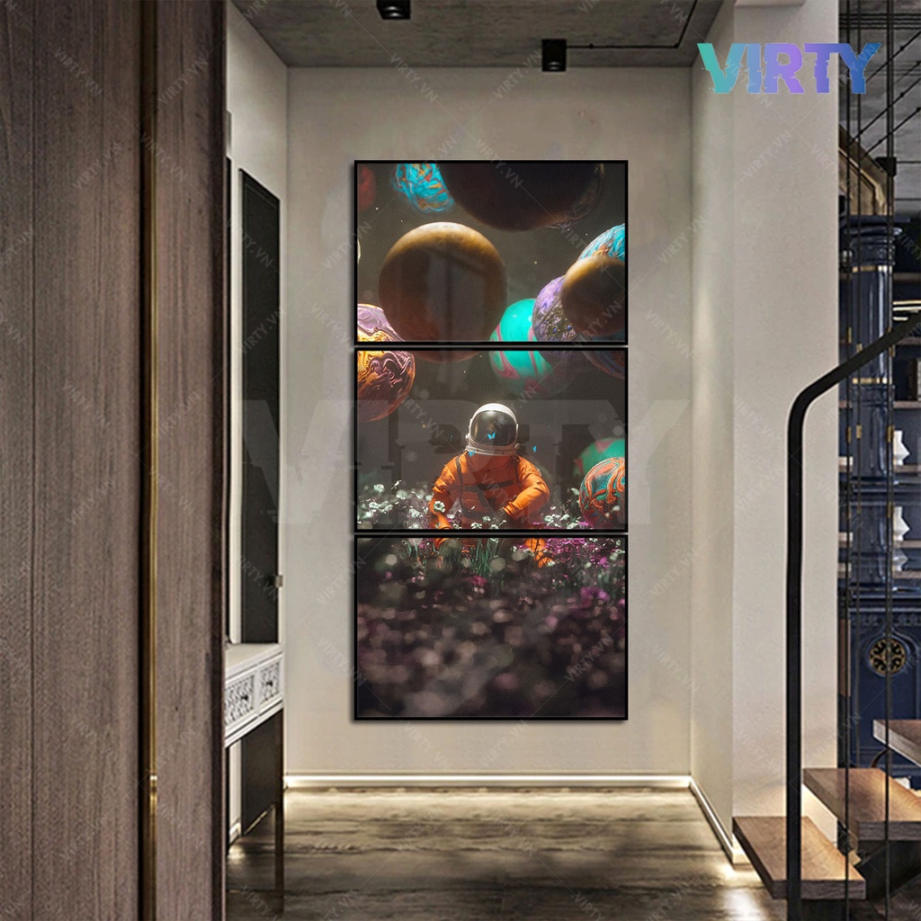Bộ 3 Tranh treo tường không gian vũ trụ phi hành gia kèm khung composite VIRTY Tranh Canvas decor phòng ngủ SPACE ASTRON