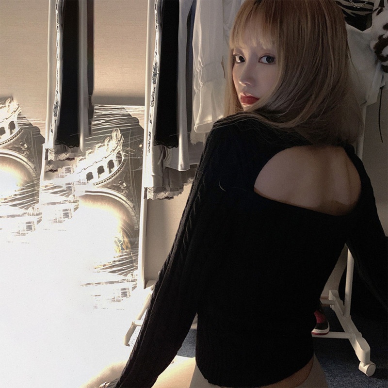 Áo Croptop Dệt Kim Tay Dài Cổ Lọ Phối Khóa Kéo Trước Màu Trơn Phong Cách Harajuku Quyến Rũ Cho Nữ