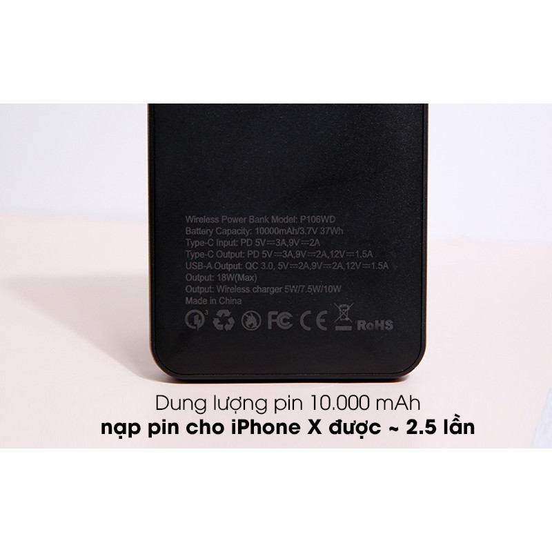 Pin sạc dự phòng Polymer 10.000mAh không dây Type C PD QC3.0 Xmobile PowerLite P106WD Đên