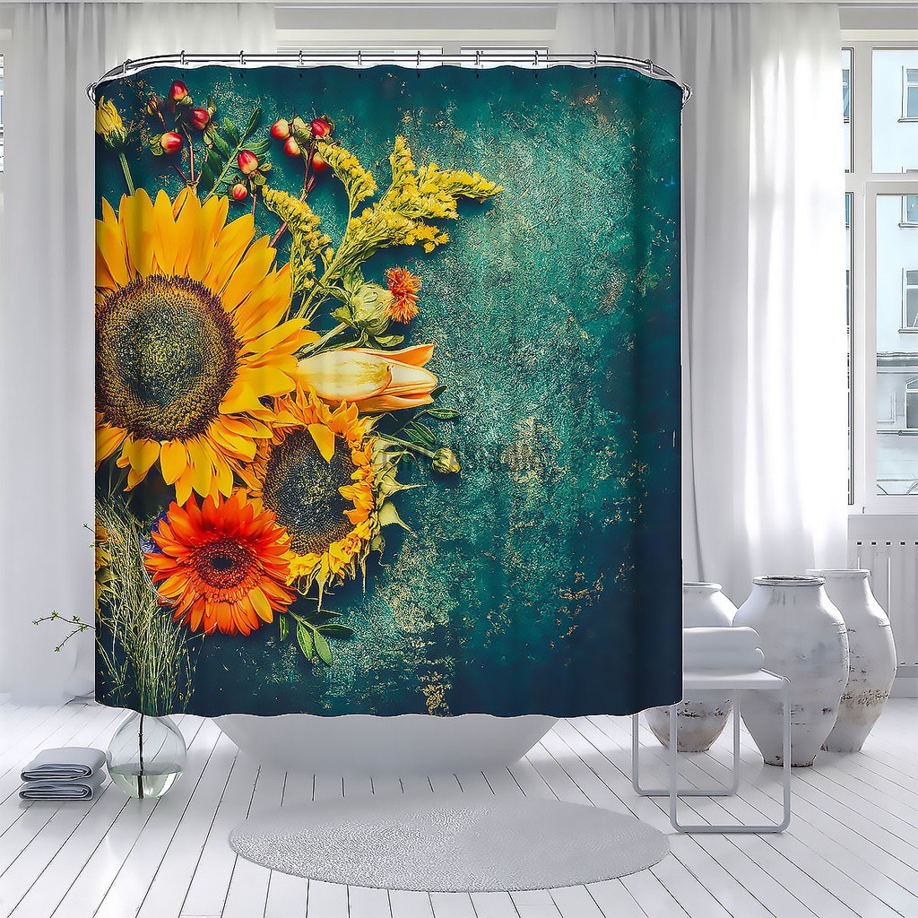 Flower Shower Bathroom Shower Curtain Set Non-Slip Waterproof 4/3/1PCS