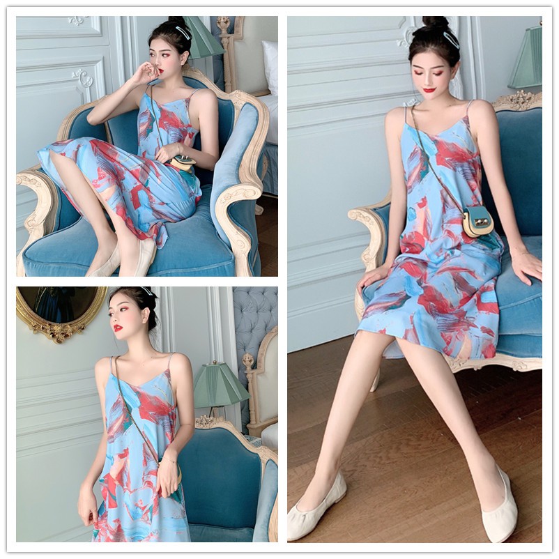 Sleeveless Dress for Women Sling Dress Women's Summer Korean Dress Midi Dresses for Women Dress Casual Dress Women Off Shoulder Dress for Women Irregular Midi Dresses Slim Waist Shift Dress V Neck Floral Dress