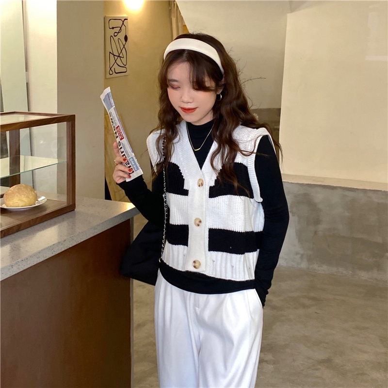 Áo len không tay cổ chữ V họa tiết kẻ sọc màu sắc thời trang | BigBuy360 - bigbuy360.vn