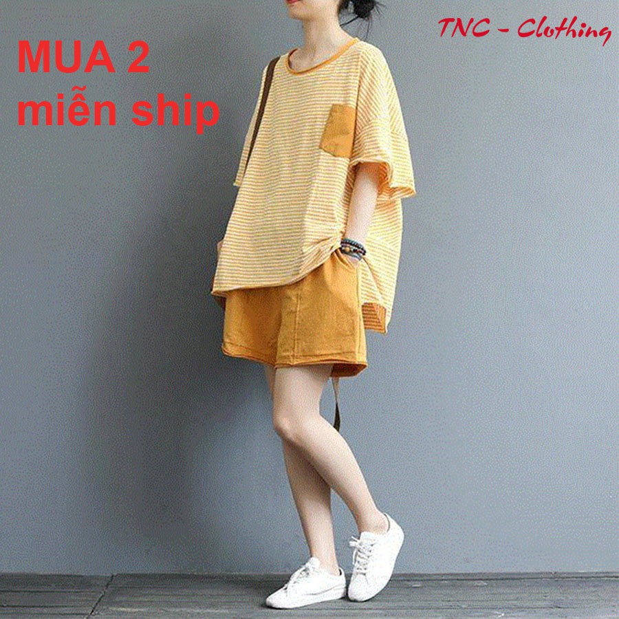 Bộ cộc kẻ ngang hàng thiết kế trẻ trung, năng động, màu vàng phù hợp với chị em mặc đi chơi, mặc ở nhà, đồ đôi mẹ bé