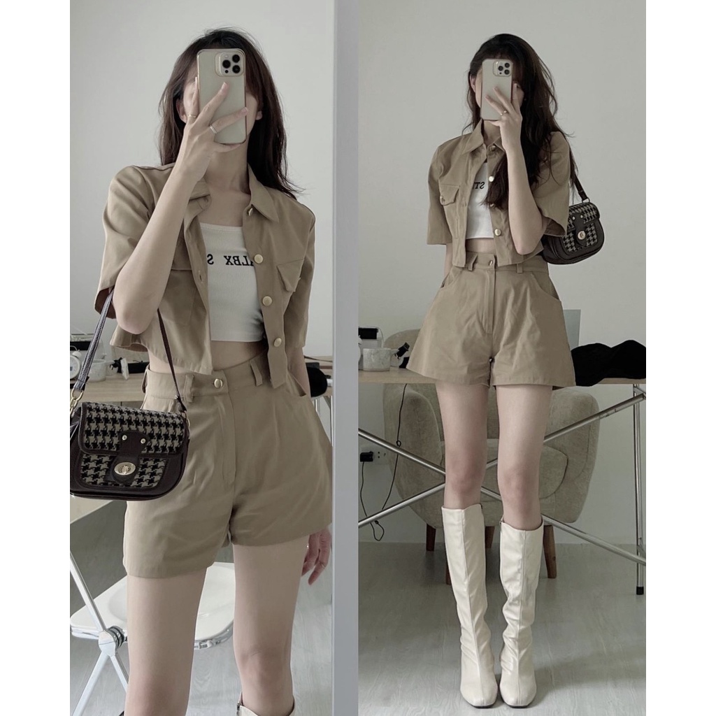 Set kaki 3 món gồm áo thun 3 lỗ + áo khoác + quần short cạp cao Hàn Quốc