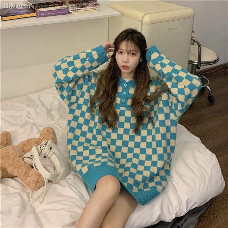 Áo sweater dệt kim cổ POLO dáng rộng in họa tiết kẻ ô phong cách retro Hong Kong thời trang thu đông Hàn Quốc 7 ngày cho nữ | BigBuy360 - bigbuy360.vn