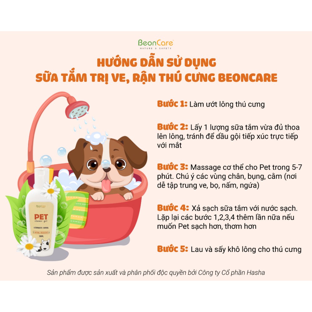 Sữa tắm trị ve rận nấm ngứa cho chó mèo BeonCare - Hương táo thơm mát, an toàn cho chó mèo sơ sinh