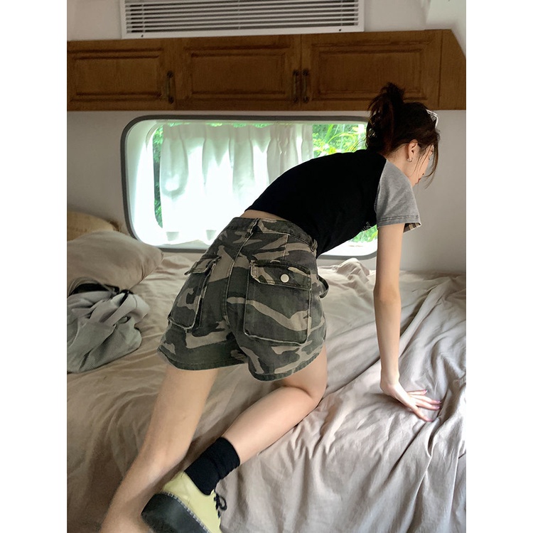 Quần Yếm Denim Ngắn Lưng Cao Ống Rộng Họa Tiết Rằn Ri Thời Trang Mùa Hè Phong Cách Retro Mỹ Mới Cho Nữ