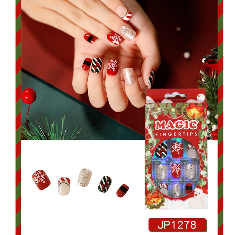 Set 24 Móng Tay Giả Hình Vuông Ngắn Phong Cách Giáng Sinh