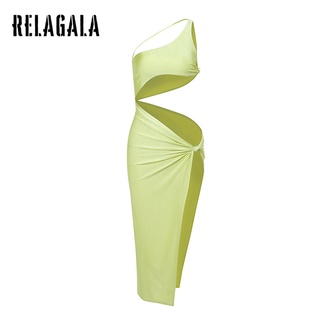 RelaGala Nữ Rỗng Xoắn Khe Màu Trơn Ôm Một Vai Đầm