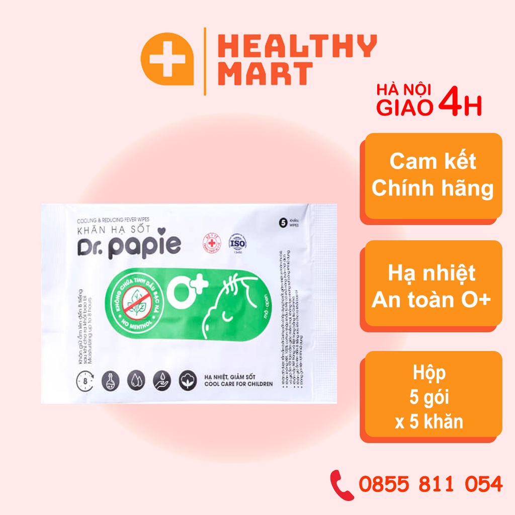✔️️️️ Khăn lau hạ sốt Dr. Papie thảo dược, an toàn cho từ trẻ sơ sinh - gói 5 miếng hạ nhiệt hiệu quả
