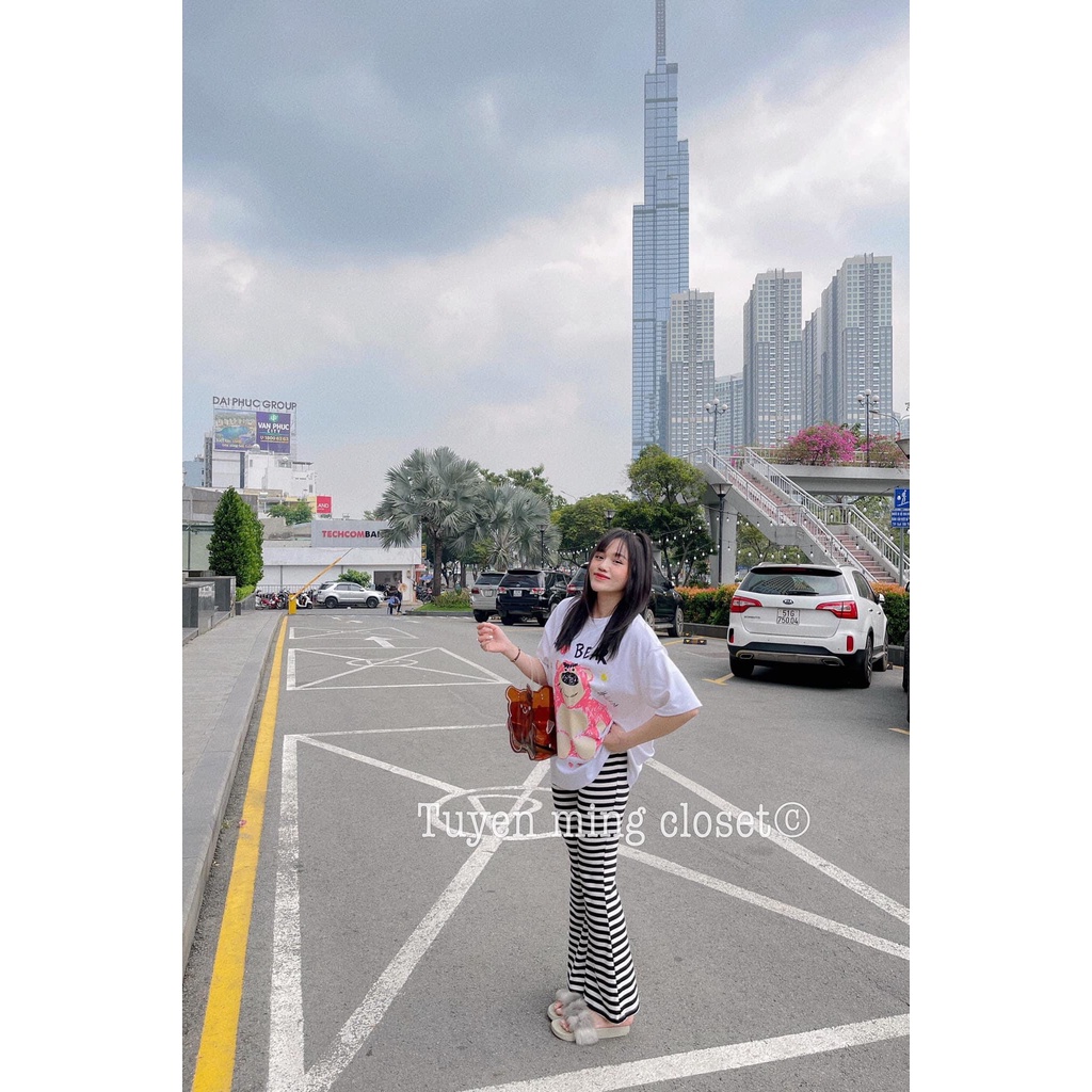 Set bộ gấu pink quần ống loe thun gân free size