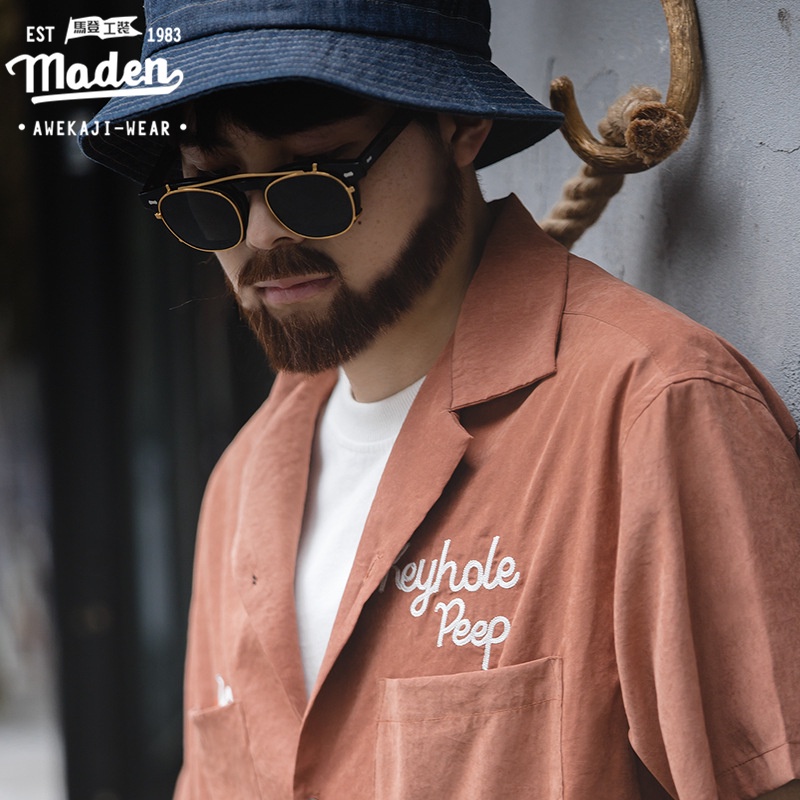 MADEN Áo Sơ Mi Tay Ngắn Cổ Chữ V Dáng Rộng Phong Cách retro Cho Nam
