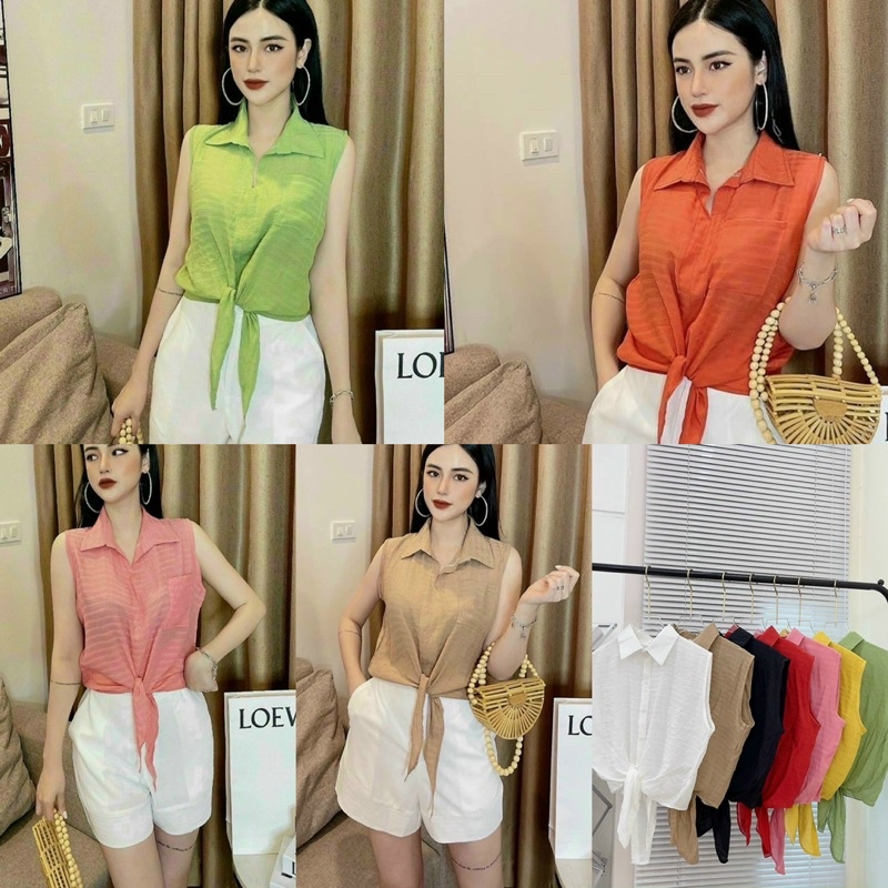 Xả hàng - Áo sơ mi buộc vạt sát nách nhiều màu chất đũi mềm mát SM073 - NhiNhi Shop