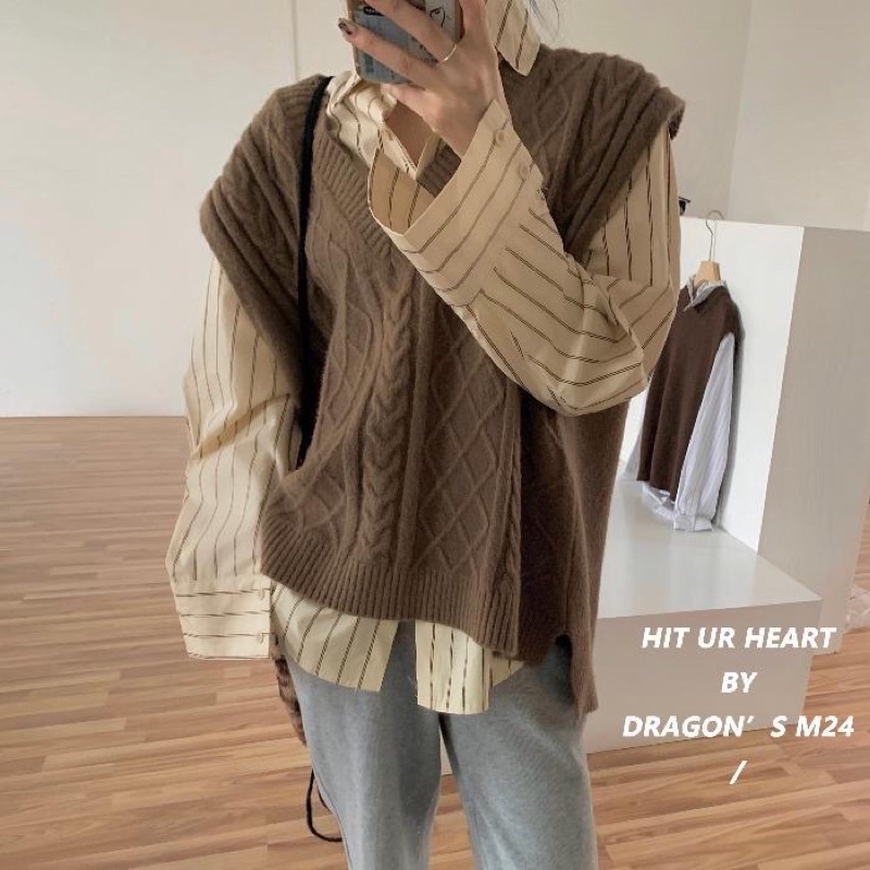 SET ÁO GILE + SƠ MI VINTAGE siêu hot - áo gile màu nâu phong cách, sơmi kẻ sọc