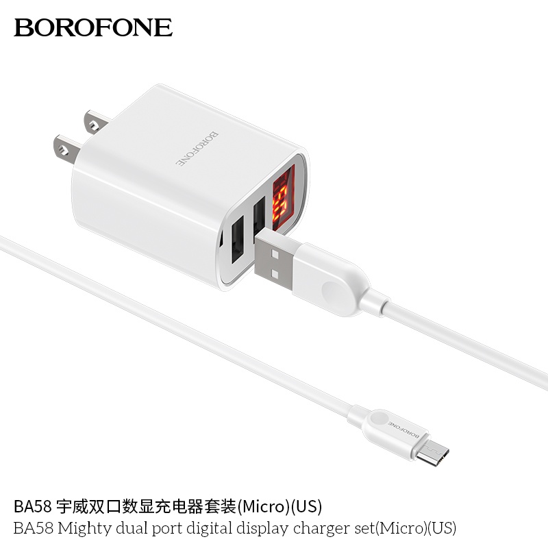 Bộ sạc cáp 2.4A BOROFONE BA58 đèn LED 2 cổng USB dây dài 1m - Chính hãng